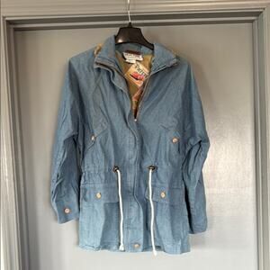 Vtg Eagle River Traders Women Blue Denim Zip Jacket Pockets Drawstring sz 10 USA